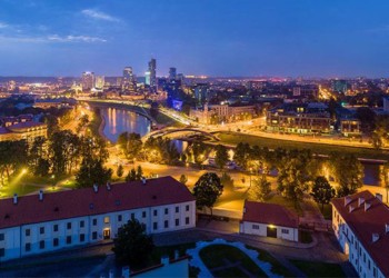 aerial view of the Vilnius skyline lit up at night