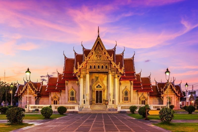 The Marble Temple, Wat Benchamabopit Dusitvanaram at sunset in Bangkok, Thailand.