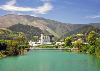 Civic Centre across Maitai River, South Island, New Zealand