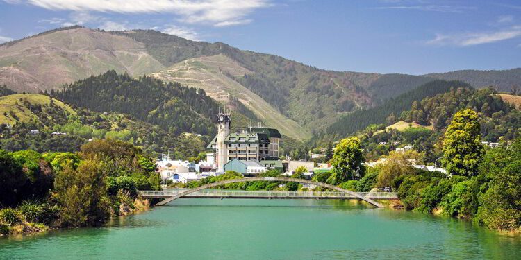 Civic Centre across Maitai River, South Island, New Zealand