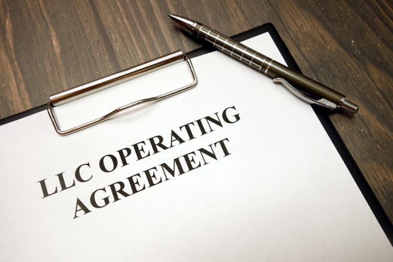 Clipboard with LLC operating agreement and pen on wooden desk background.