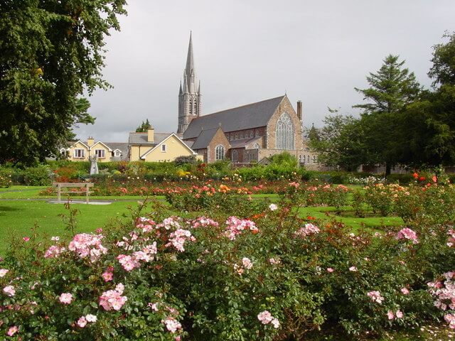 A Irish church surrounded by green trees and pink flowered bushes.