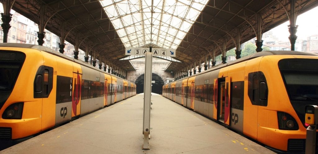 yellow subway trains at a station in Portugal