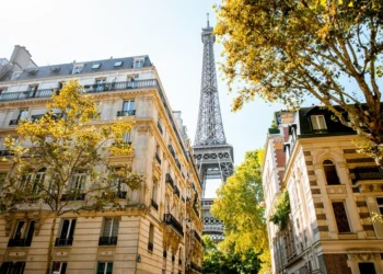 Beautiful street view with old residential buildings and Eiffel tower during the daylight in Paris France