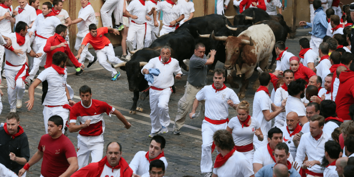 spectators flee the bull at the san fermin bull run