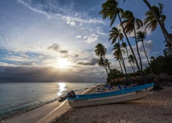 A boat in the sunset in a beach in Santo Domingo, Dominican Republic.