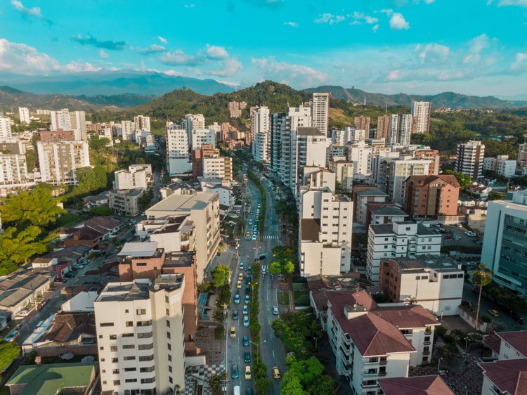 Pereira City in Colombia on an afternoon with a bright blue sky.