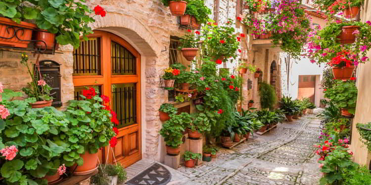 Street in small town in Umbria Italy in summer. economy in italy