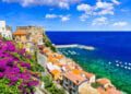 Beautiful Scilla village,view with medieval castle and sea, Calabria, Italy.