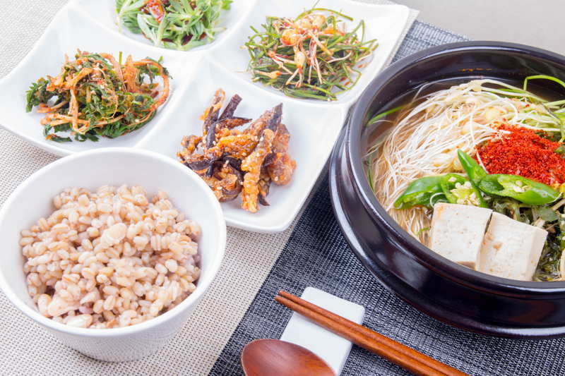 table with vegan korean food