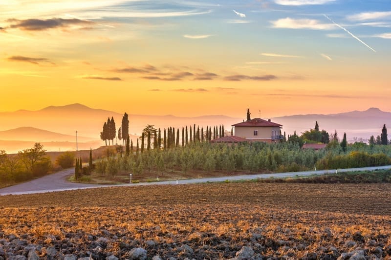 Tuscany landscape at sunrise.