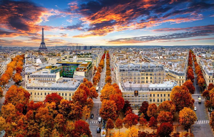 Aerial view of Paris in late autumn at sunset. There are red and orange colored trees.