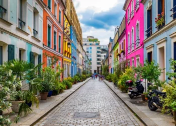 Colored houses in Rue Cremieux street in Paris. France