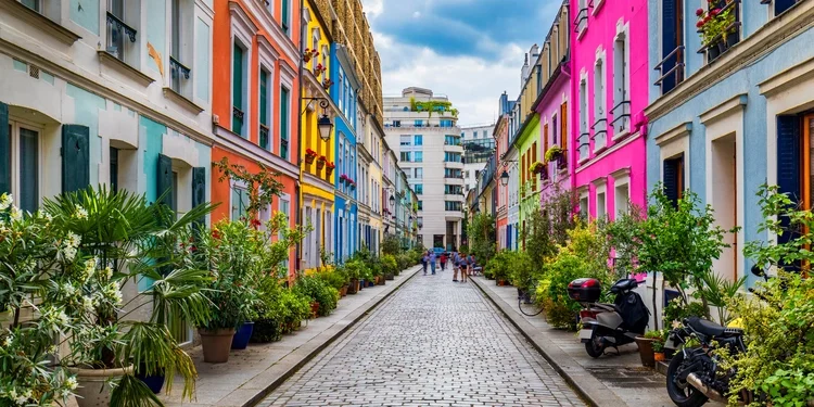 Colored houses in Rue Cremieux street in Paris. France