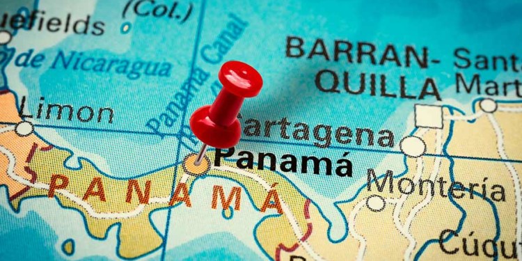 A map of Panama with a pin pointing to Panama City. los islotes. map of panama