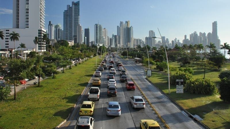 Panama city with high skyscrapers and port on the Pacific coast. infrastructure in panama