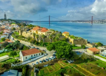 Aerial view of Almada castle with the Targus river. Portugal