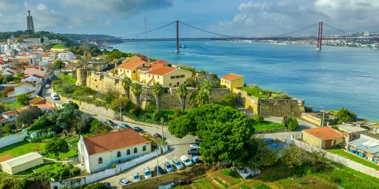 Aerial view of Almada castle with the Targus river. Portugal