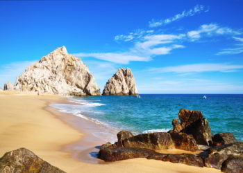 White sand beach and a calm beach in Lovers Beach, Cabo San Lucas, Baja California, Mexico