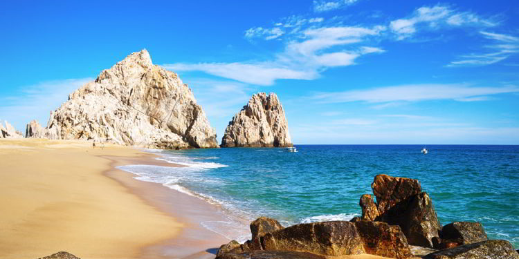 White sand beach and a calm beach in Lovers Beach, Cabo San Lucas, Baja California, Mexico