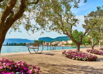 Lake Garda with nice walkways and beaches at Bardolino in Italy