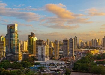 Panama City and its financial business district skyline at sunrise, Panama.