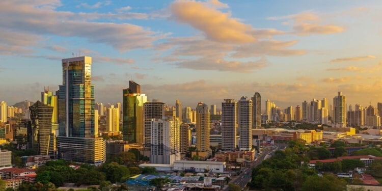 Panama City and its financial business district skyline at sunrise, Panama.