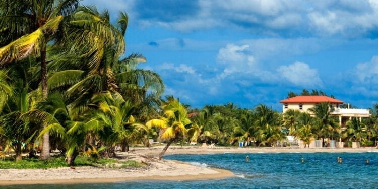 Cottages in front of the beach in Placencia, Belize.