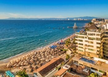 Aerial view of Los Muertos Beach, the most popular beach in Puerto Vallarta, Jalisco, Mexico.