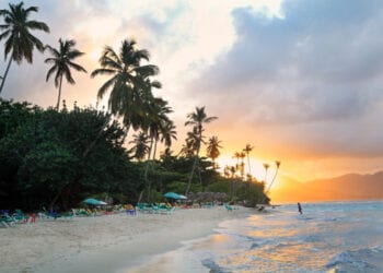 La Playta at sunset, tropical beautiful beach near Las Galeras village in Samana area, Dominican Republic