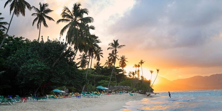 La Playta at sunset, tropical beautiful beach near Las Galeras village in Samana area, Dominican Republic