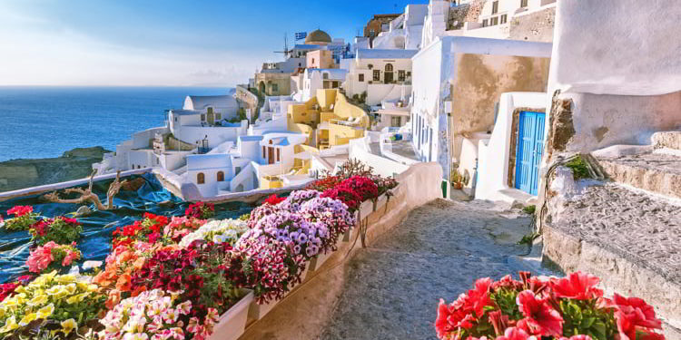 Scenic view of traditional cycladic houses on small street with flowers in foreground, Oia village, Santorini, Greece. how to buy a rental property