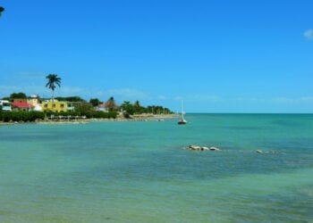 A beautiful warm water beach in Corozal, Belize with bright blue skies.