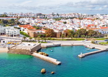 Aerial from the city Lagos with the Forte da Bandeira in Portugal