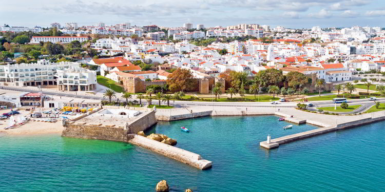 Aerial from the city Lagos with the Forte da Bandeira in Portugal