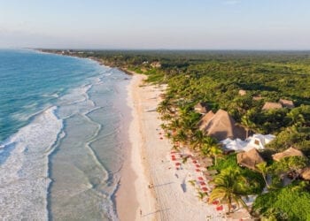 Beautiful view of Tulum beach during sunrise in Mexico