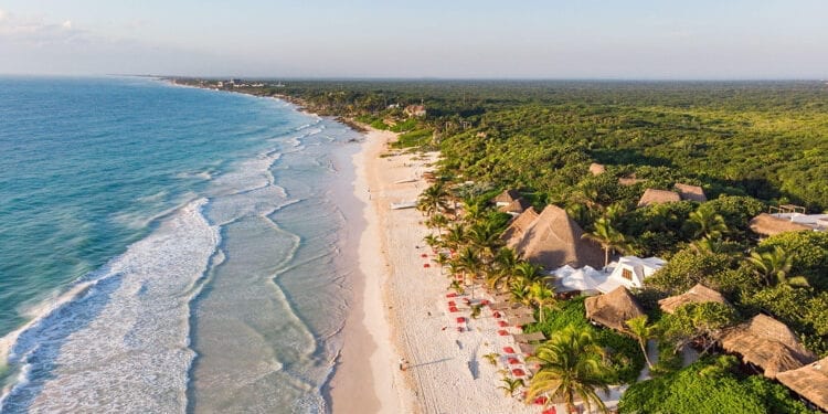 Beautiful view of Tulum beach during sunrise in Mexico