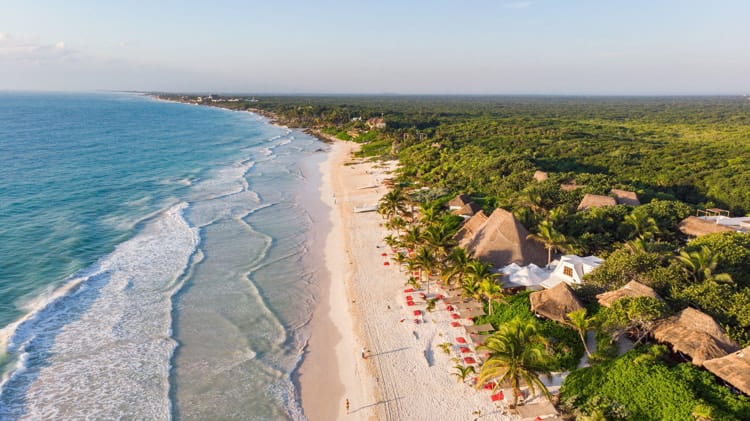 Beautiful view of Tulum beach during sunrise in Mexico