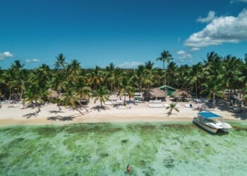 Aerial view of tropical island beach, Dominican Republic.