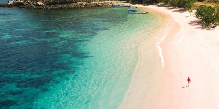 Woman walking on the exotic Pink Beach in Indonesia