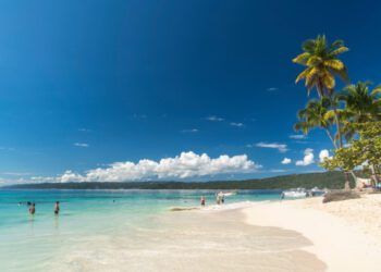 Palm fringed sandy beach of Cayo Levantado, Samana, Dominican Republic.