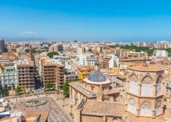 Aerial view of Plaza de la Virgen in Valencia, Spain.