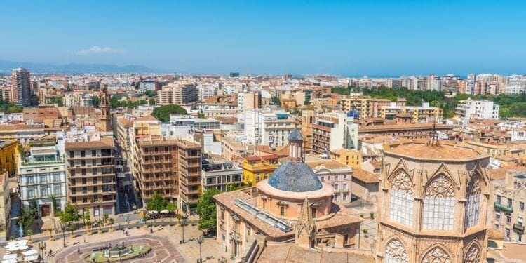 Aerial view of Plaza de la Virgen in Valencia, Spain.