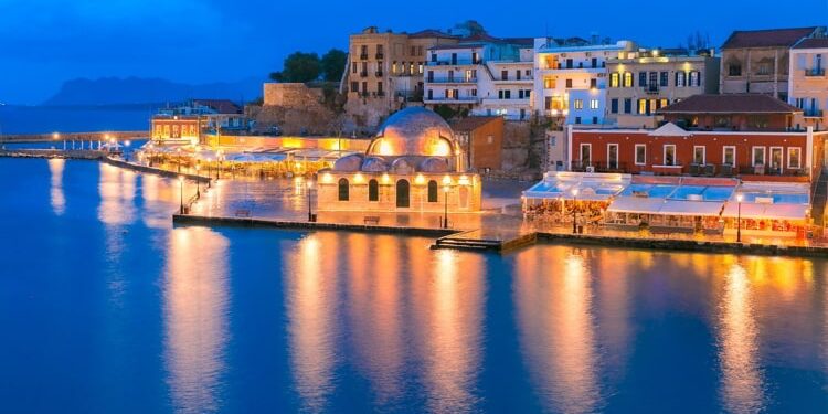 Night Venetian quay, Chania, Crete, Greece