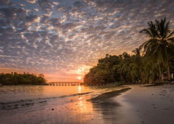 Sunrise on tropical beach, Isla Coiba, Panama