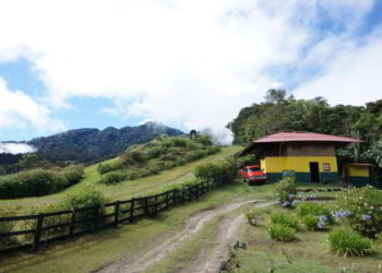 A small house in Cerro Punta, with bright green grass and blue skies