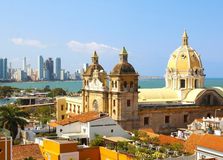 Beautiful colonial buildings in the historic center of Cartagena, Colombia with the Caribbean Sea