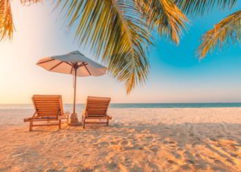 White sand and coco palms on a beautiful sea and bright blue sky