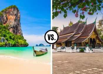 Clear water beach in Thailand to the left and Wat Xieng Thong (Golden City Temple) in Luang Prabang, Laos to the right.