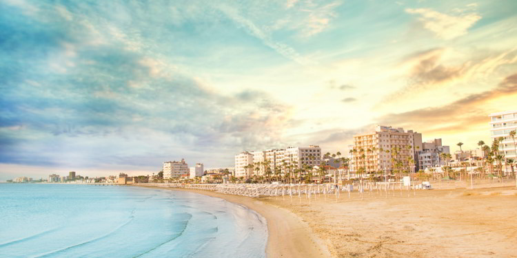 Beautiful view of the main street of Larnaca and Phinikoudes beach in Cyprus, larnaca